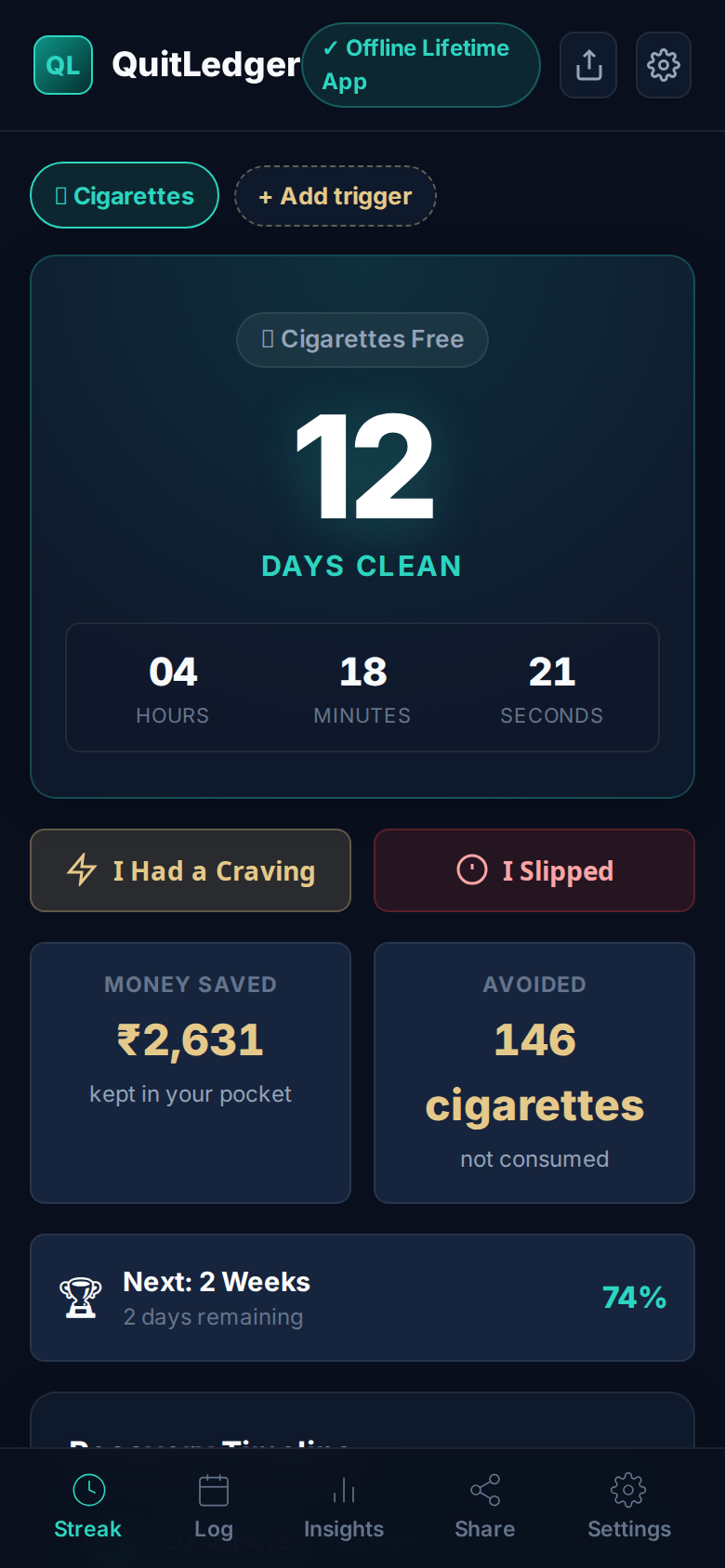 QuitLedger home screen with live days clean, money saved, craving and slip buttons