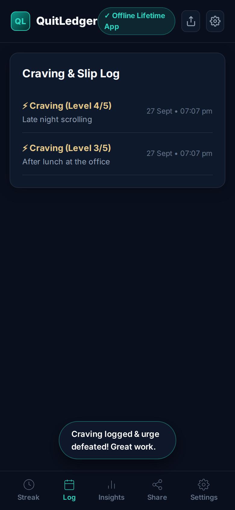 Craving and slip log with intensity and notes